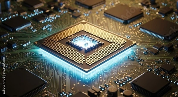 Fototapeta A computer processor on a circuit board with glowing components.
