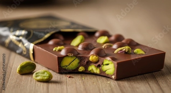 Fototapeta A chocolate bar with pistachios on a wooden table.