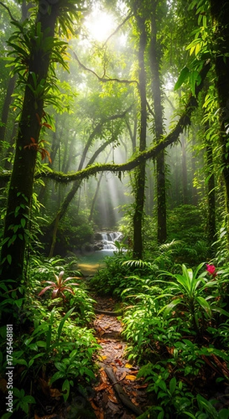Fototapeta Sunbeams Pierce Through Misty Rainforest Canopy, Illuminating a Serene Waterfall