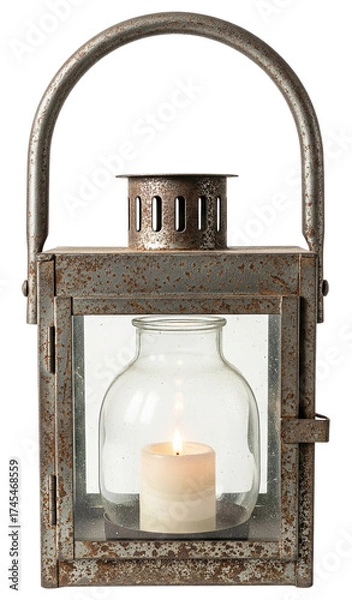 Obraz 3d illustration of rustic metal lantern with candle isolated on transparent background, vintage style lighting for home decor and ambiance