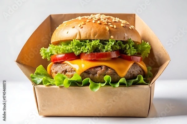Fototapeta Delicious gourmet hamburger with melted cheese and fresh lettuce in a cardboard takeaway box