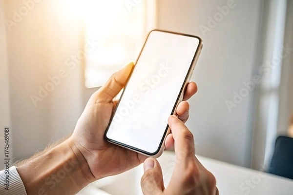 Fototapeta Close up of a person holding a modern smartphone with a blank white screen in their hands
