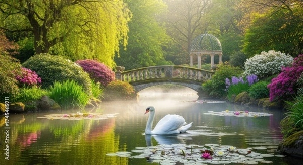 Fototapeta A serene garden scene with a swan on a pond, lush greenery, and a bridge in the background.
