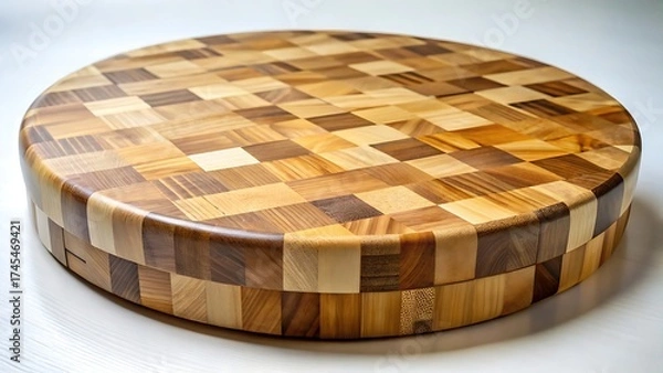 Fototapeta Round wooden cutting board with a unique checkerboard pattern made of many small wood pieces