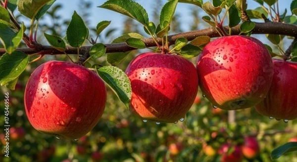 Fototapeta Red apples on a tree branch with water droplets, set against a clear sky.