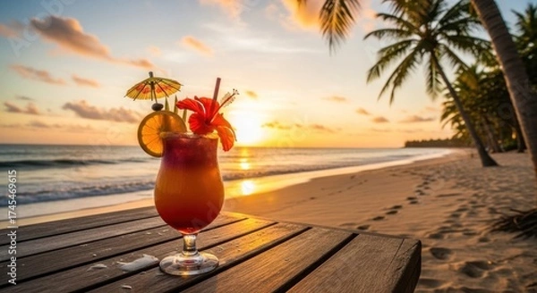 Fototapeta A tropical beach scene with a colorful cocktail on a wooden table.