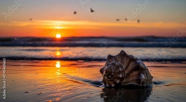 Fototapeta A conch shell on a beach at sunset with birds flying in the sky.