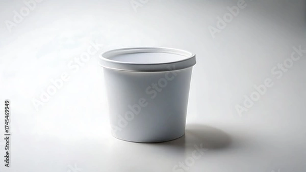Fototapeta A plain white cylindrical container with a lid sits on a light gray surface with soft shadows