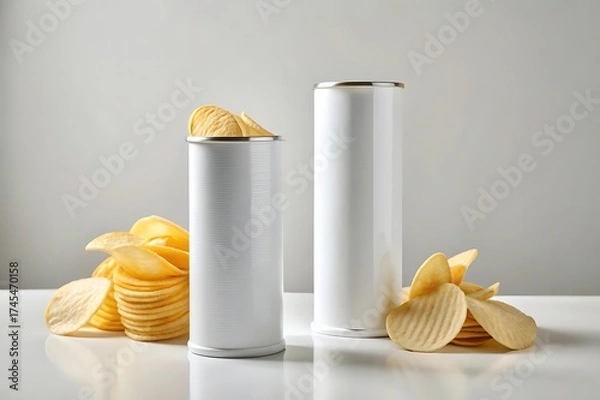 Fototapeta Two blank white potato chip canisters with crispy potato chips scattered around them on a white surface
