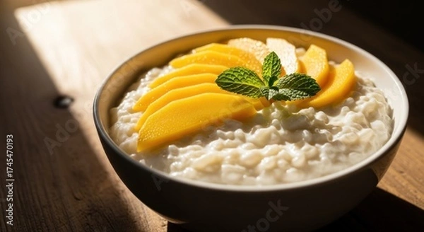 Fototapeta A bowl of creamy rice pudding topped with sliced mangoes and a sprig of mint on a wooden table with sunlight streaming through.