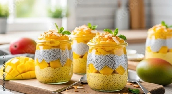 Fototapeta Three jars of mango chia pudding with fresh mangoes and mint leaves on a wooden table.