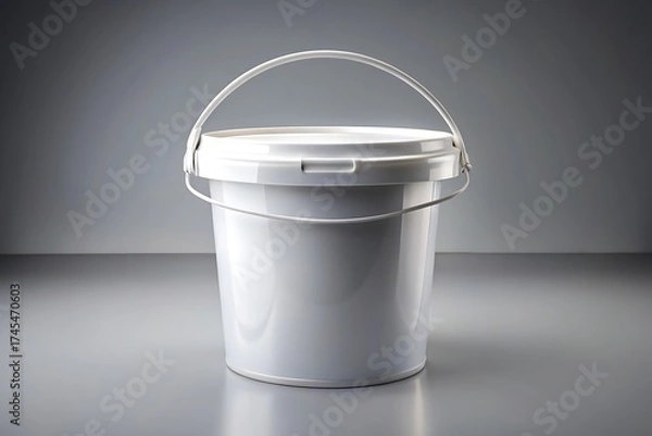 Fototapeta A clean white plastic bucket with a closed lid and a metal handle sits on a reflective surface