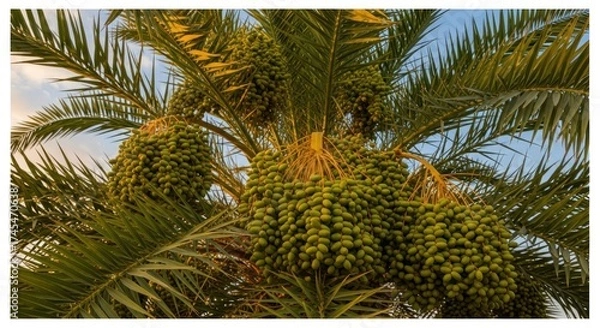 Fototapeta Green and yellow dates on a palm tree with a clear blue sky in the background.