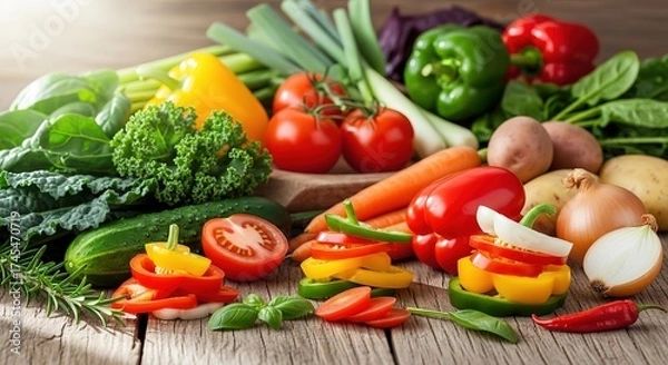 Obraz Vibrant fresh vegetables artfully arranged on rustic wood, showcasing healthy ingredients for culinary inspiration and wholesome living.