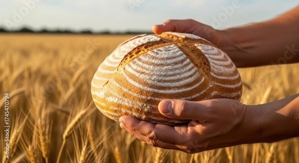 Fototapeta Hands holding a round, baked bread in a wheat field.