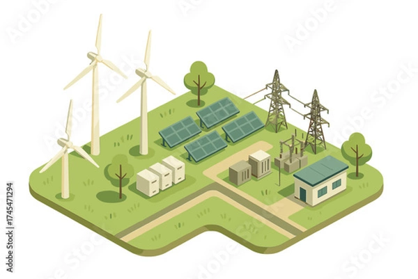 Fototapeta Isometric representation of a sustainable energy grid featuring wind turbines, solar panels, battery storage, and electrical transmission