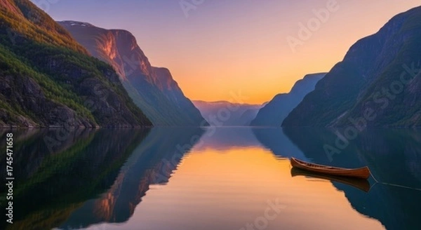 Fototapeta A serene lake with a canoe and mountains in the background at sunset.