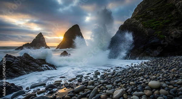 Obraz Golden Light Breaks Through Clouds over Crashing Waves on Rugged Coast