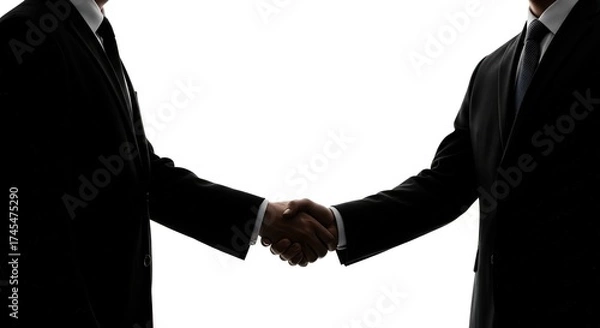 Obraz Two professional businessmen in dark suits confidently shaking hands, signifying partnership, agreement, and successful collaboration in a bright studio setting.