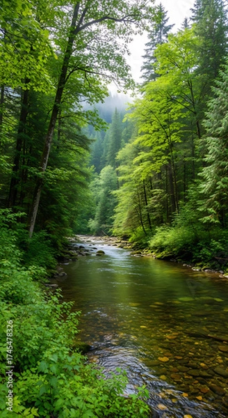 Obraz Lush Green Forest River Flowing Through a Serene Wilderness