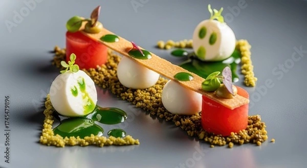 Obraz Experience culinary artistry with this stunningly plated modern appetizer featuring vibrant greens, fresh mozzarella, and delicate garnishes on a sleek grey dish.