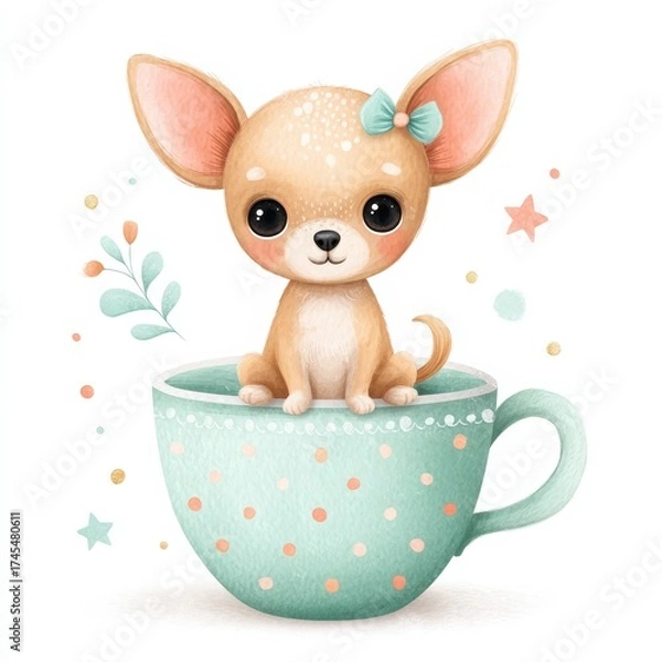 Fototapeta Cute Chihuahua Sitting in a Teacup with Whimsical Decor Elements