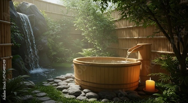 Obraz Wooden Hot Tub in Zen Garden with Waterfall and Candle