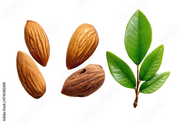 Fototapeta Almonds and leaves on a black background