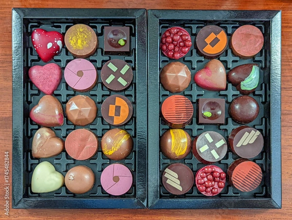 Obraz Assorted Gourmet Chocolates in a Black Gift Box on Wooden Table