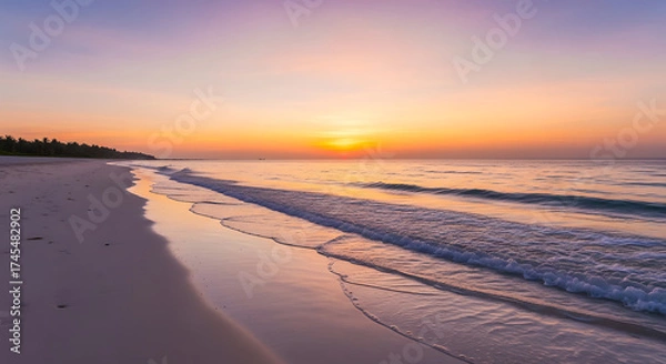 Fototapeta Golden Hour Reflections on a Serene Beach with Gentle Waves and Palm Trees