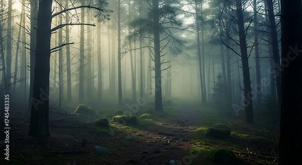 Obraz Ethereal Misty Forest Path with Sunlight Through Tall Trees