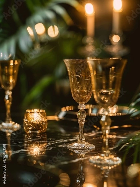 Obraz An elegant and romantic candlelit table setting for a luxury dinner or celebration. Vintage crystal glasses reflect the warm light on a dark marble table.