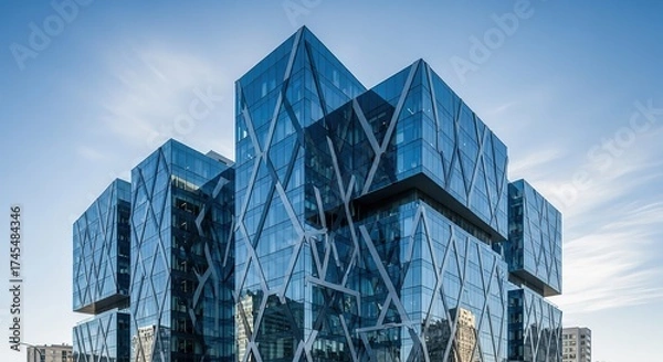 Obraz Stunning modern glass skyscraper captivates with unique geometric facade reflecting clear blue sky and clouds