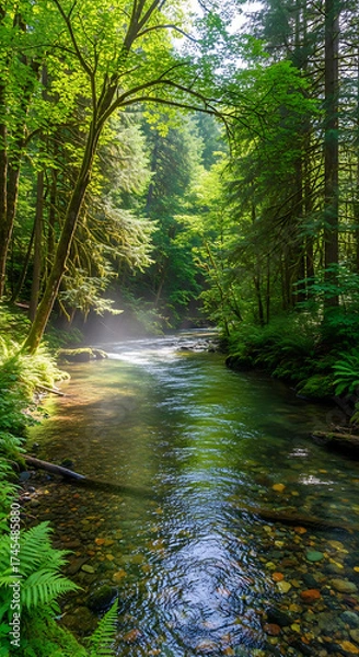 Fototapeta Tranquil Forest Stream Illuminated by Golden Sunlight Through Canopy