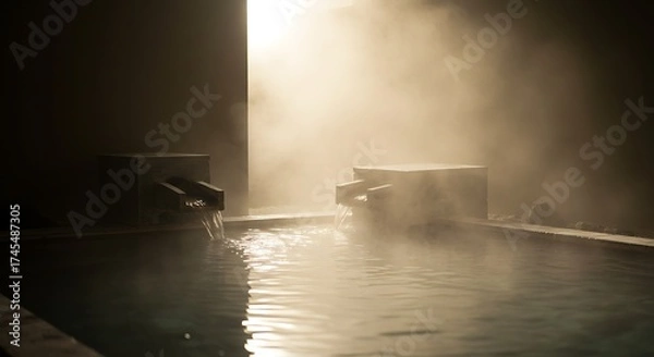 Obraz Steamy Indoor Hot Spring with Water Spouts and Warm Lighting in Relaxing Spa Environment