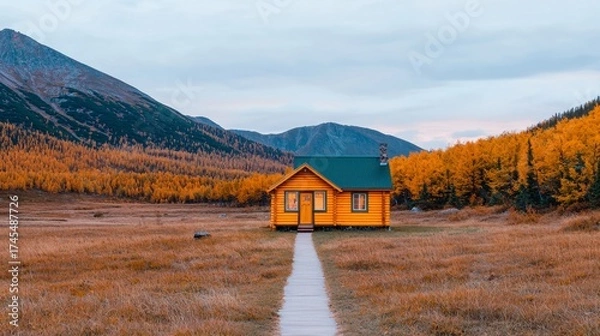Obraz Autumnal Landscape with Rustic Wooden Cabin and Mountain View