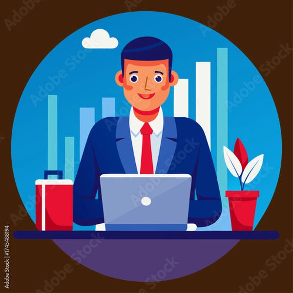 Fototapeta Vector art of professional businessman working on laptop with financial graph in background