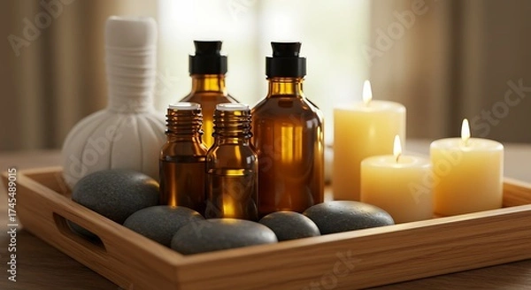 Obraz Relaxation Aromatherapy Set with Candles and Essential Oils in Wooden Tray
