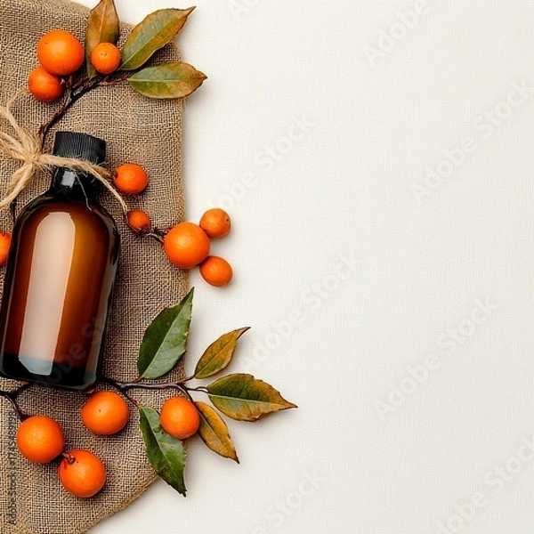 Fototapeta Amber Bottle with Oranges and Leaves on Textured Beige Backdrop and Brown Cloth