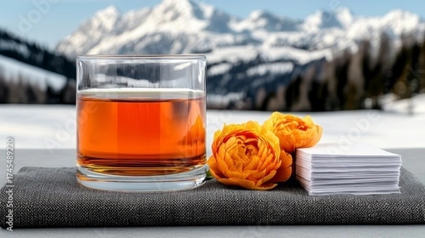 Obraz Amber Drink with Orange Flowers and Snowy Mountain View