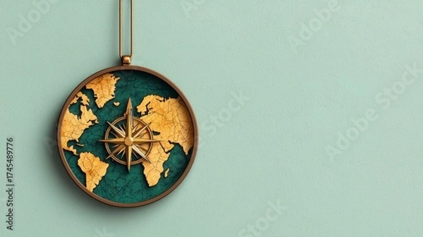 Fototapeta Antique Compass with World Map on Teal Background