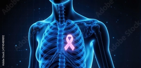 Obraz Futuristic holographic chest scan with pink ribbon symbol for breast cancer awareness