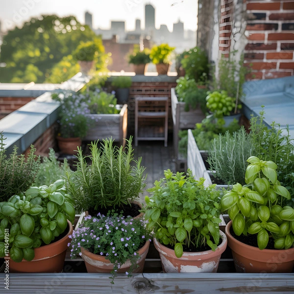 Obraz Urban rooftop garden with lush green plants and herbs in terracotta pots with city skyline in background