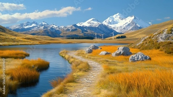 Obraz Autumn Mountain Lake Landscape Golden Grass Path to Snow Capped Peaks
