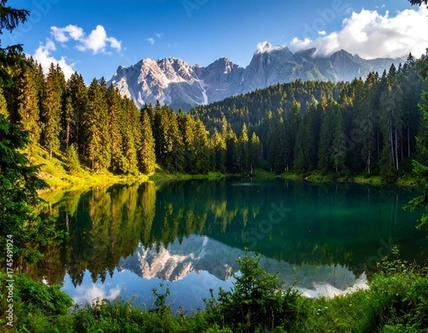 Fototapeta Mountain lake reflects a pine forest and peaks