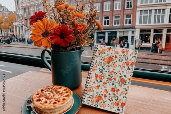 Obraz Autumnal Cafe Scene Floral Notebook and Dessert
