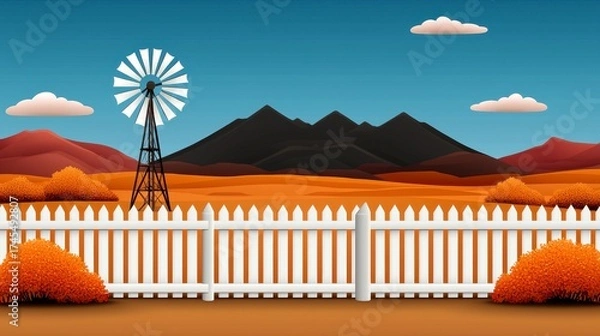 Fototapeta Autumnal Desert Landscape with Windmill and White Picket Fence