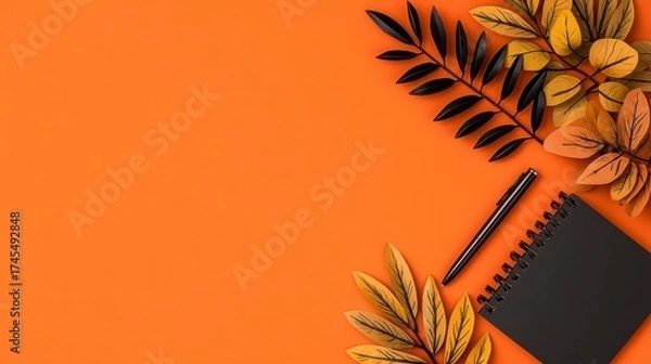 Fototapeta Autumnal Flat Lay Black and Gold Leaves with Notebook and Pen on Burnt Orange Background