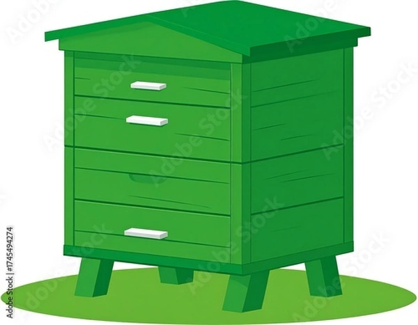 Fototapeta A vibrant green wooden beehive rests on a grassy base.  It features a peaked roof and multiple drawers