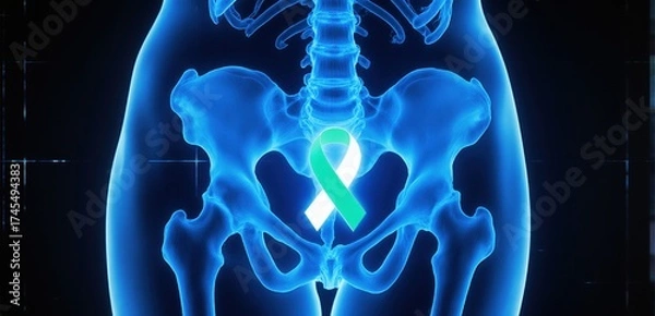 Obraz Futuristic holographic pelvic scan with teal and white ribbon for cervical cancer awareness